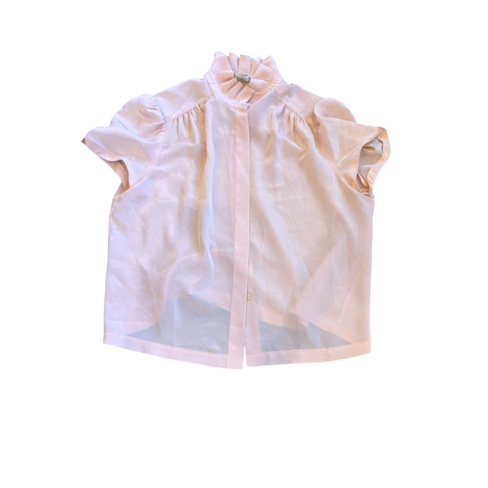 St John Vintage Pink Ruffle High Neck Short Sleeve Blouse Women Size 10